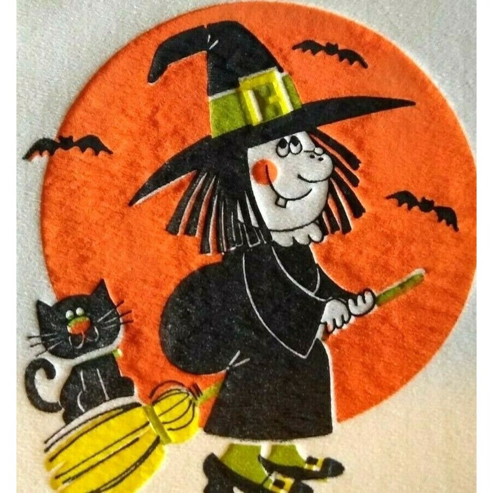 Halloween Vintage Drink Coaster Flying Witch Black Cat Bats Moon Fabric Paper